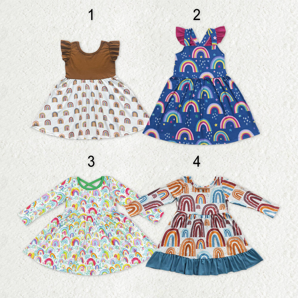 Sibling Baby Girls Colorful Rainbows Stars Plaid Knee Length Dresses