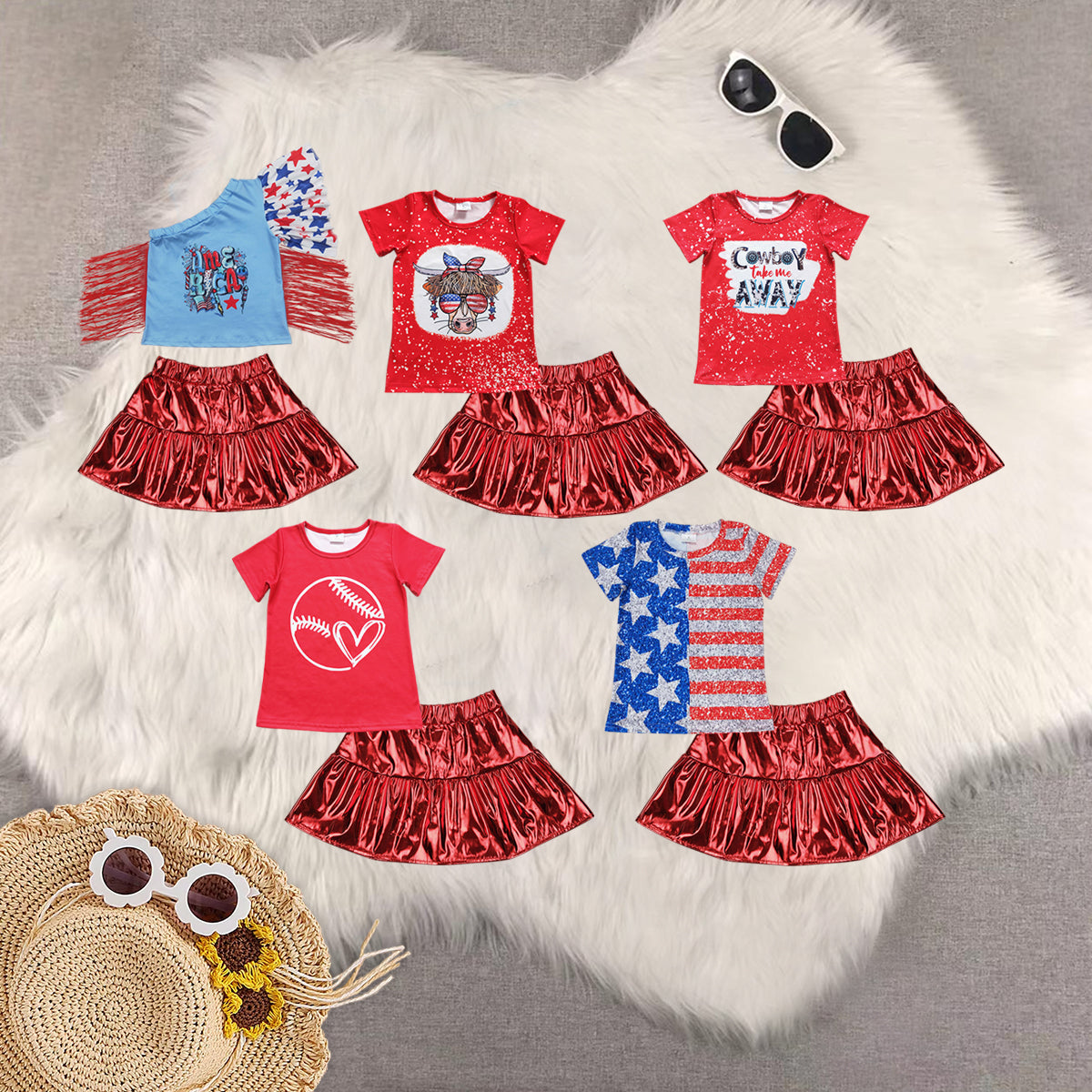 Sibling Baby Girls Short Sleeves Cow Stars Top Red Leather Skirts Western 4th Of July Sets