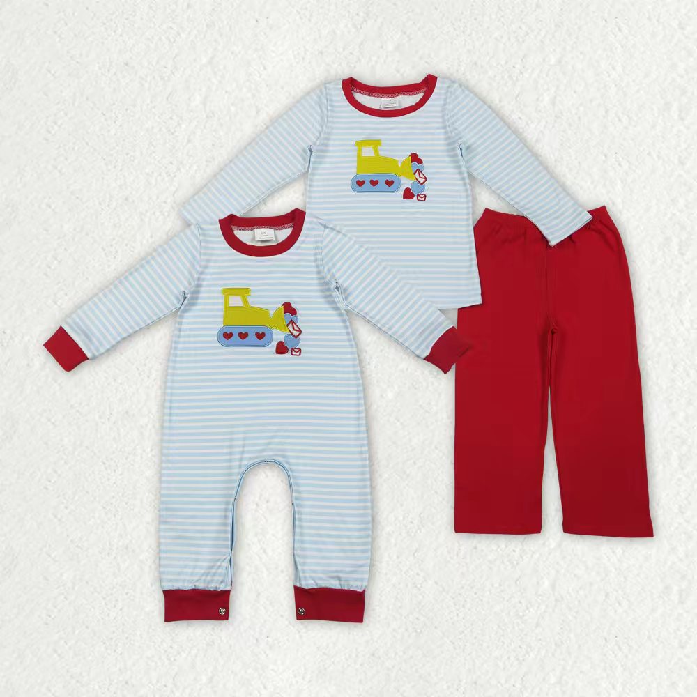 Sibling Baby Boys Embroidery Hearts Excavators Stripe Pants Valentines Clothes Set Footie Rompers
