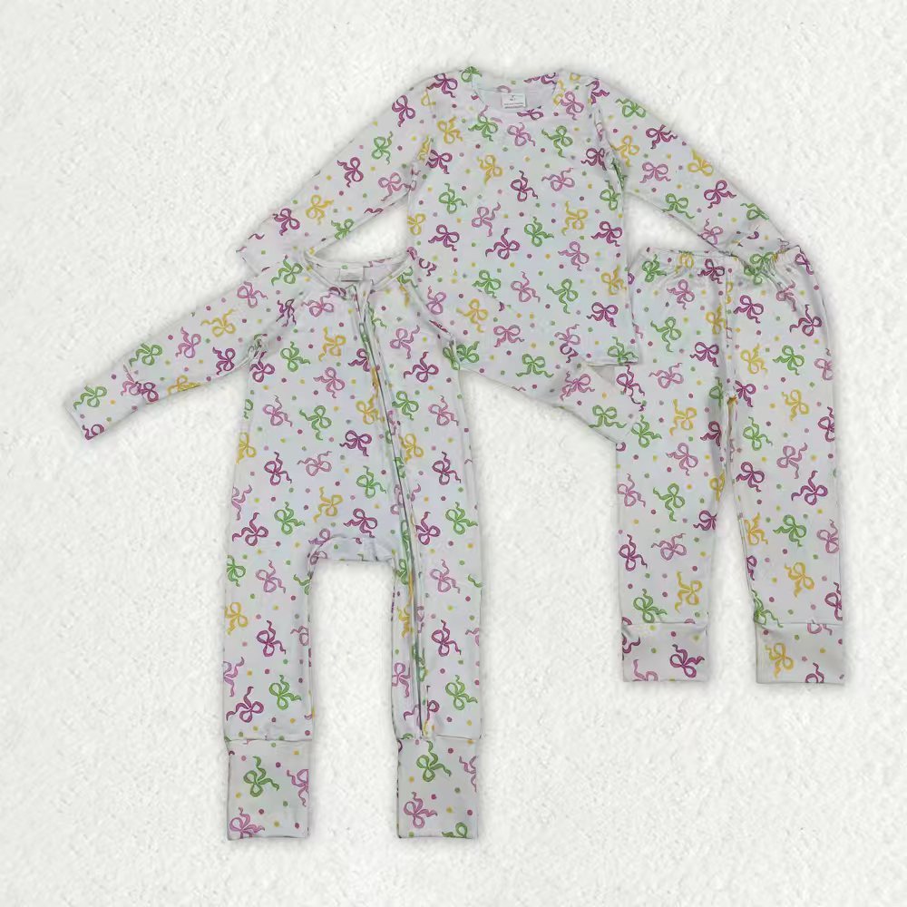 Sibling Baby Girls Mardigras Bows Polka Dots Pants Pajamas Set Zipper Convertible Rompers