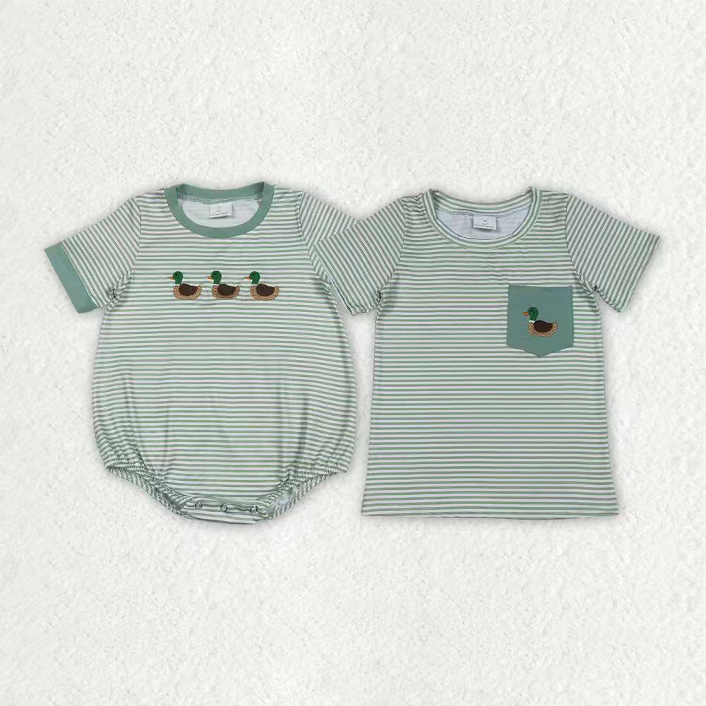 Sibling Baby Boys Green Stripe Embroidery Ducks Hunting T-shirt Top Rompers