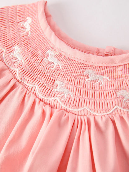 Girls Horse Smocking Embroidered Coral Dress
