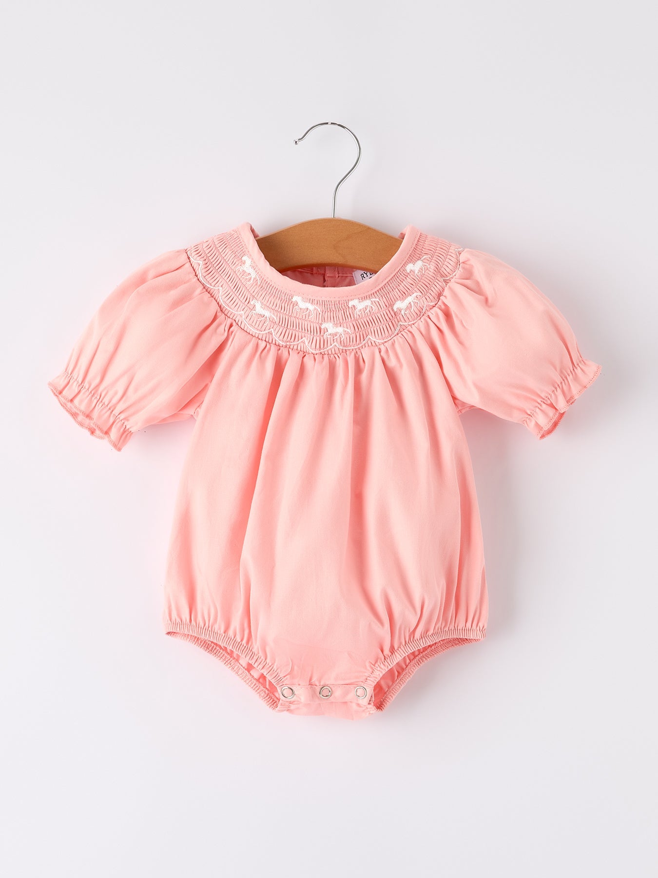 Girls Horse Smocking Embroidered Coral Romper