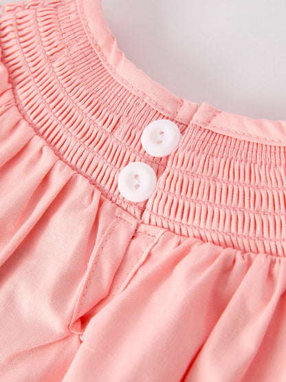 Girls Horse Smocking Embroidered Coral Romper