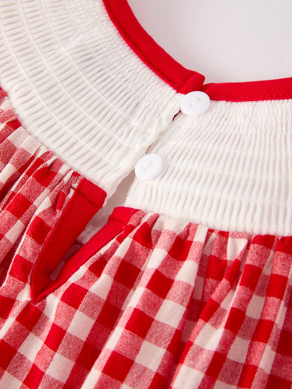 Red Cherry Bow Plaid Smocking Embroidery Girls'  Dress