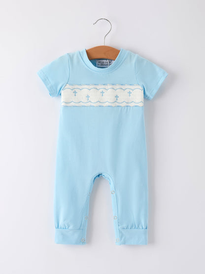 Blue Smocked Church Christ Bishop Christening Baby Boys' Romper