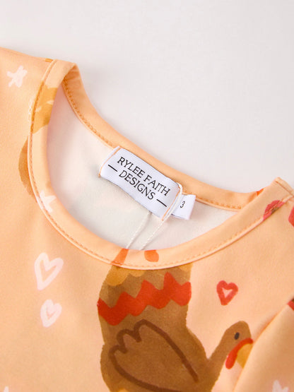 Thanksgiving Day Turkey Pie Print Ruffle Sleeve Dress