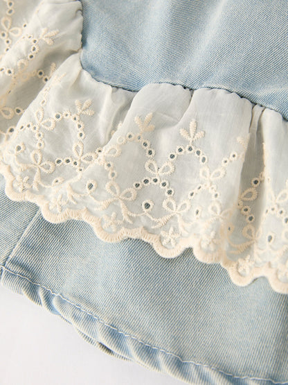 Summer Light Color Denim Lace Girls Set