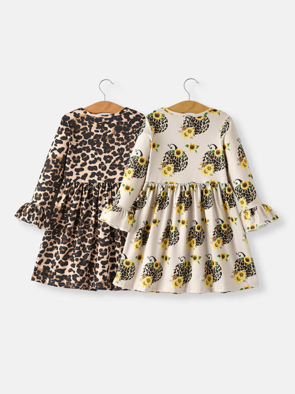 Fall Pumpkin Leopard Print Autumn Girls Ruffle Two-Piece Dress