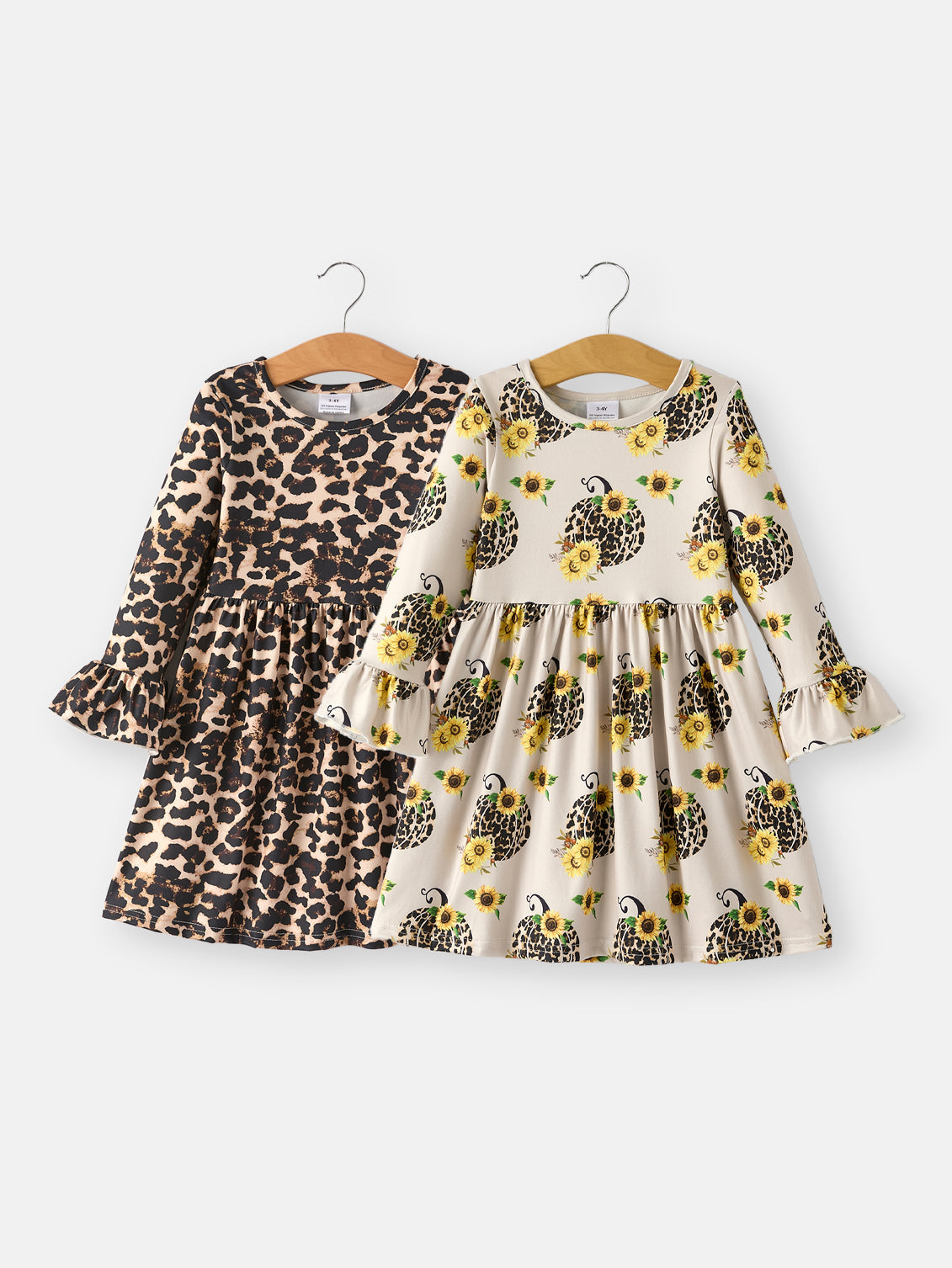 Fall Pumpkin Leopard Print Autumn Girls Ruffle Two-Piece Dress