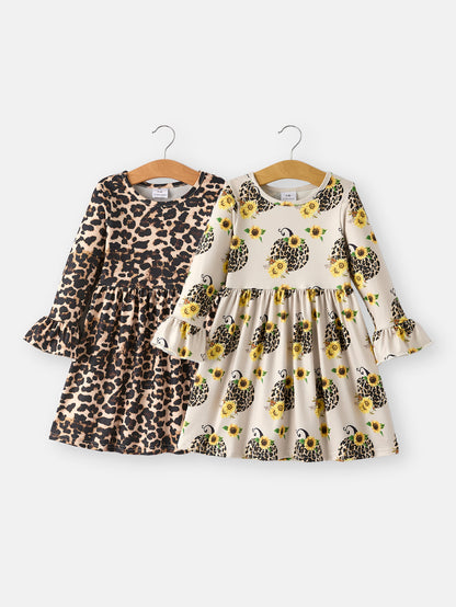 Fall Pumpkin Leopard Print Autumn Girls Ruffle Two-Piece Dress