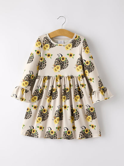 Fall Pumpkin Leopard Print Autumn Girls Ruffle Two-Piece Dress