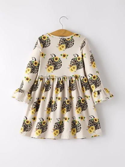 Fall Pumpkin Leopard Print Autumn Girls Ruffle Two-Piece Dress