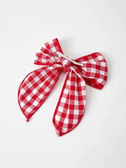 Christmas Red and White Plaid Bow 5 Inch Hairpin