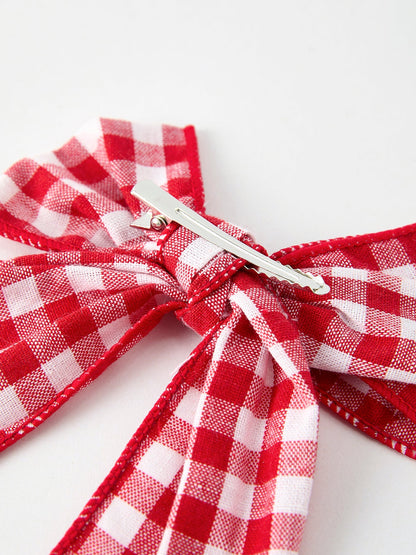 Christmas Red and White Plaid Bow 5 Inch Hairpin