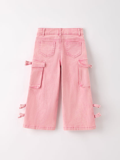 Pink Wide-Leg Denim Pants With Pockets