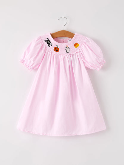 Fall Halloween Pink Spider Pumpkin Ghost Smock Embroidery Girl Dress