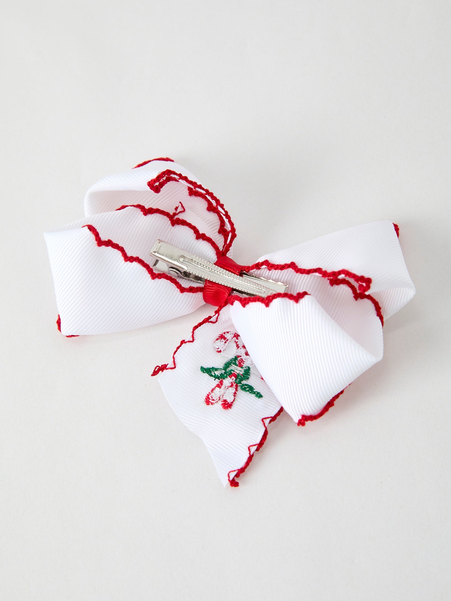 Christmas Candy Cane Embroidered Bow Hair Clip