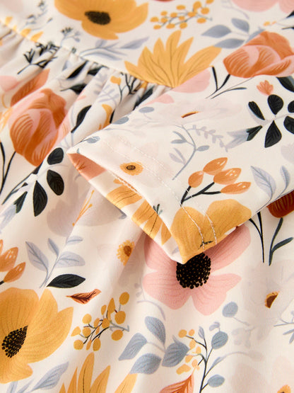 Winter Floral Long Sleeve Ruffled Girls Dress