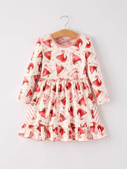 Winter Christmas Santa Hat Print Girls Pocket Ruffle Dress