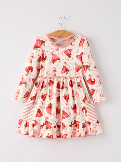 Winter Christmas Santa Hat Print Girls Pocket Ruffle Dress