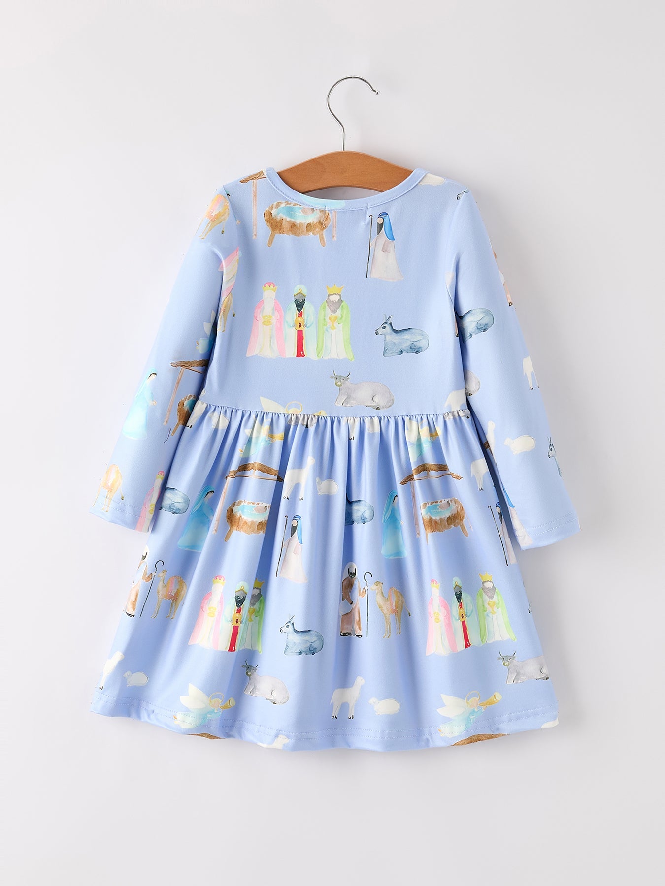 Winter Christmas Nativity Print Girls Long Sleeve Dress