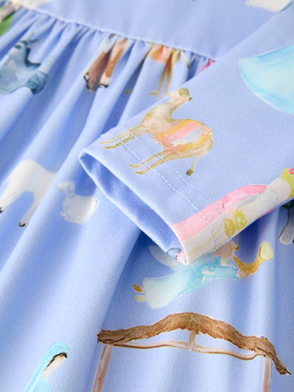 Winter Christmas Nativity Print Girls Long Sleeve Dress