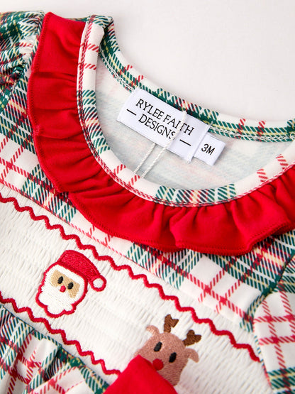 Christmas Plaid Smocking Embroidered Girls Bloomers Romper Set
