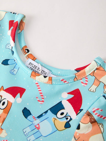 Winter Christmas Character Print Blue Girls Long Sleeve Dress