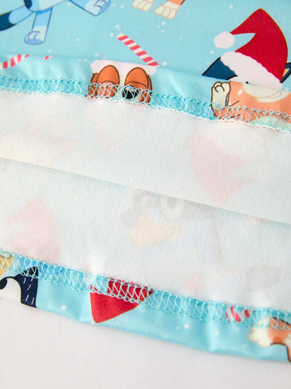 Winter Christmas Character Print Blue Girls Long Sleeve Dress