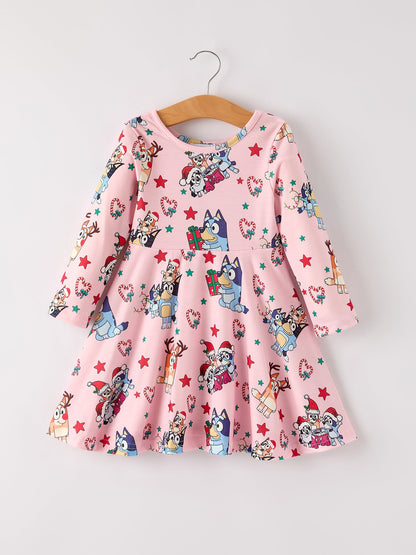Winter Christmas Character Print  Pink Girls Dress