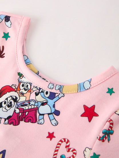 Winter Christmas Character Print  Pink Girls Dress