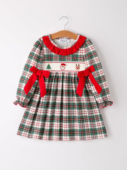 Christmas Embroidery Smocking Bow Plaid Girls Dress
