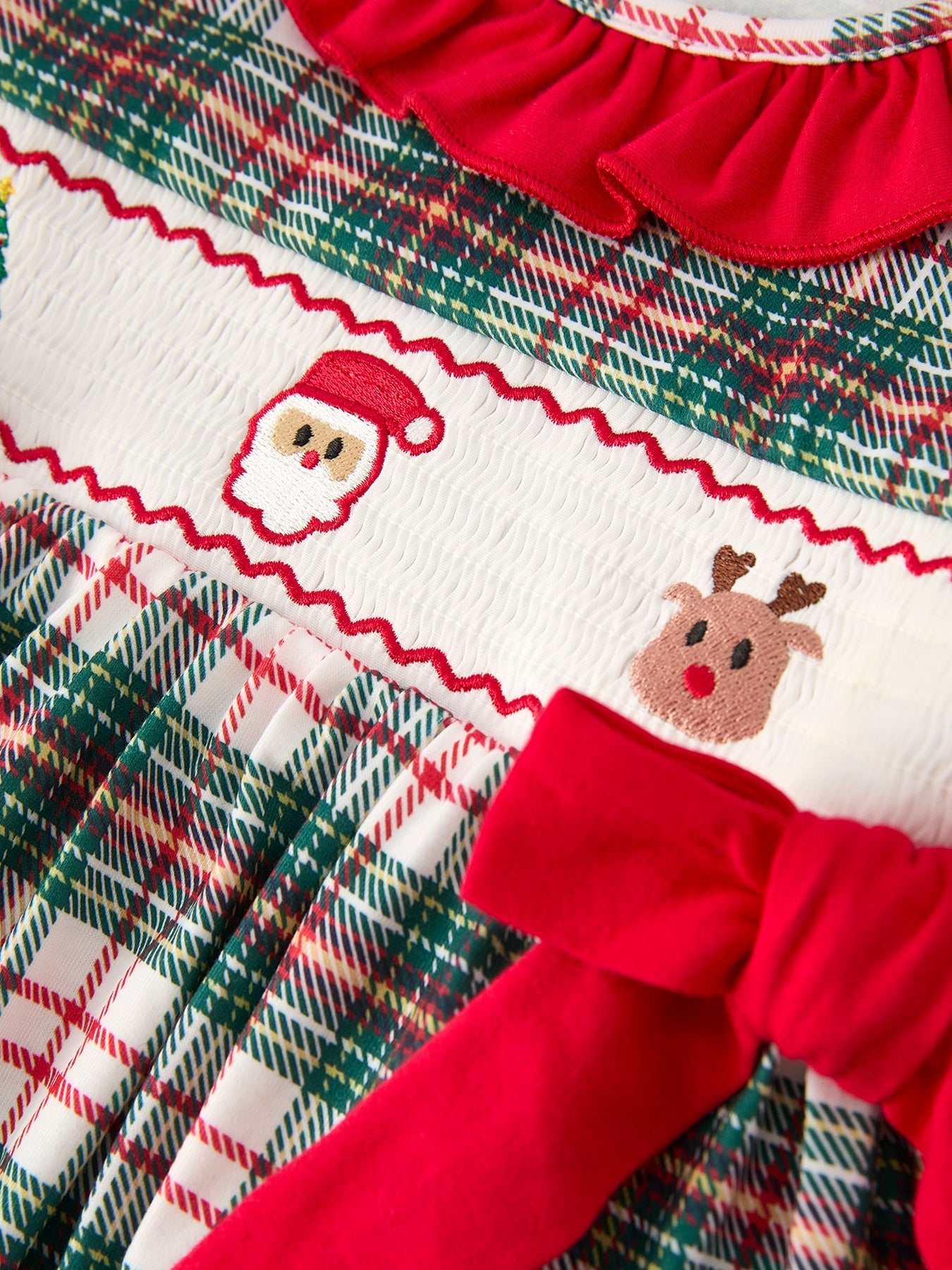Christmas Embroidery Smocking Bow Plaid Girls Dress