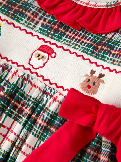 Christmas Embroidery Smocking Bow Plaid Girls Dress