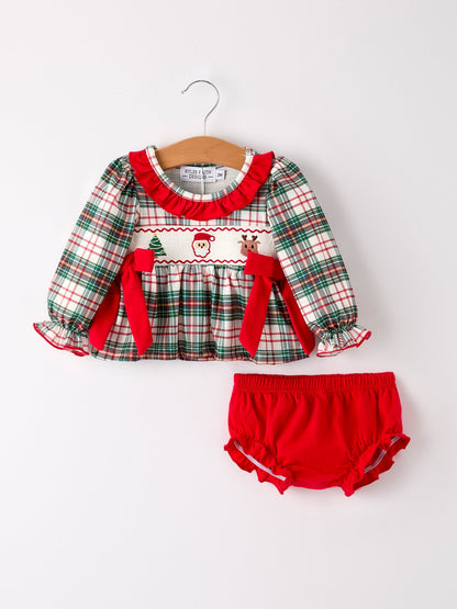 Christmas Plaid Smocking Embroidered Girls Bloomers Romper Set