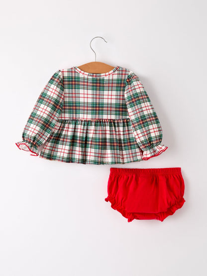 Christmas Plaid Smocking Embroidered Girls Bloomers Romper Set