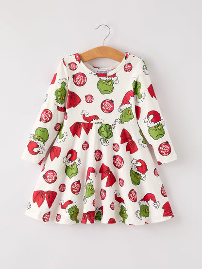 Winter Christmas Santa Hat Character Print  Green Girls Dress