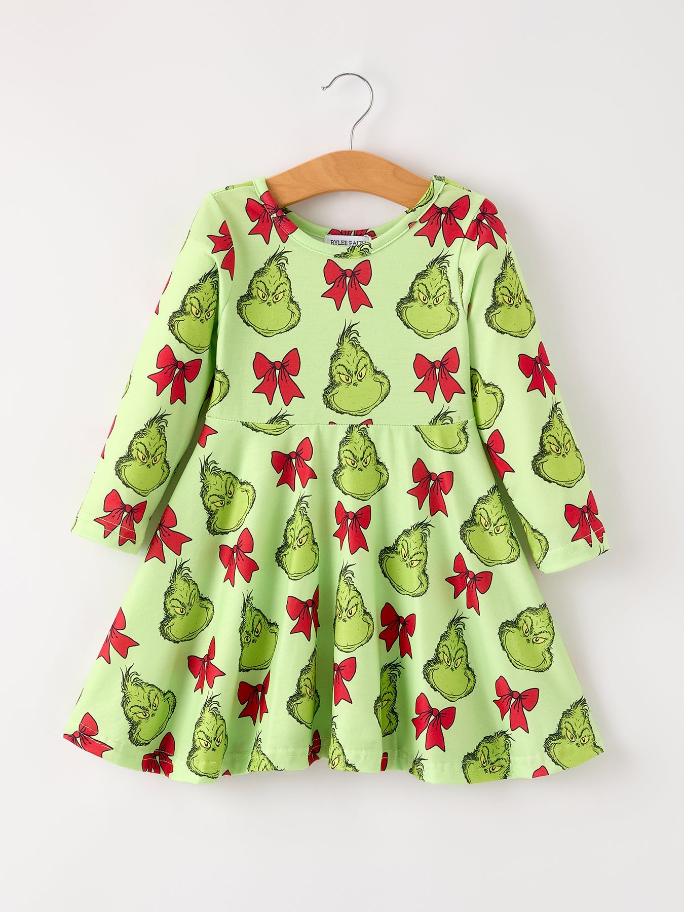 PREORDER Winter Christmas Tree Bow Character Print  Green Girls Dress