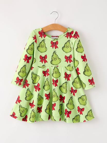 PREORDER Winter Christmas Tree Bow Character Print  Green Girls Dress