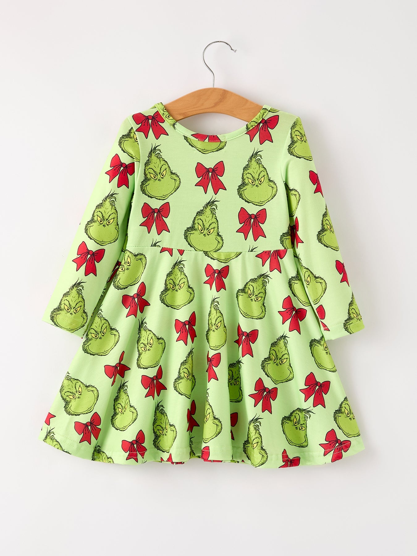 PREORDER Winter Christmas Tree Bow Character Print  Green Girls Dress