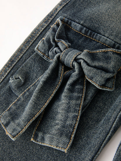 Girls Bow Stretch Wide-Leg Jeans