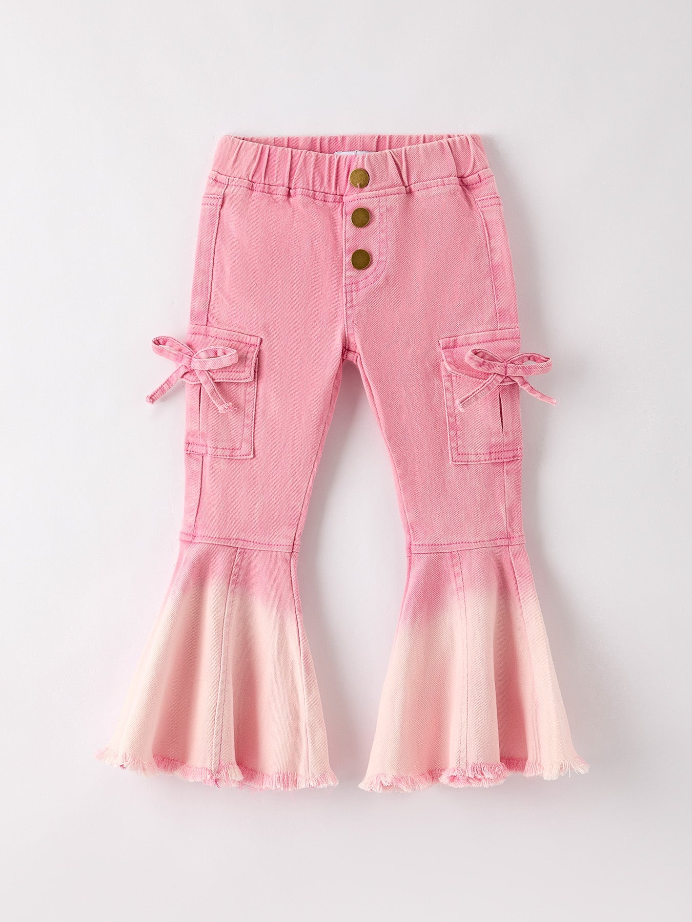 Pink Bell Bottom Jeans – Frayed Hem with Cargo Pockets