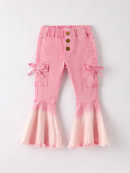 Pink Bell Bottom Jeans – Frayed Hem with Cargo Pockets