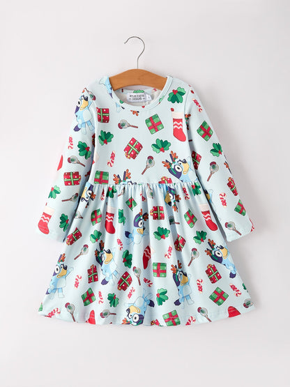 Christmas Characters and Gift Print Girls Dress