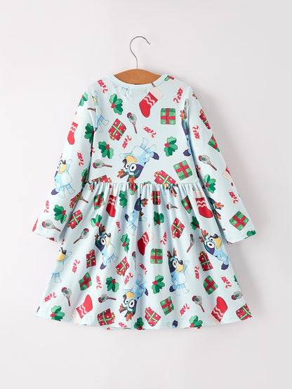 Christmas Characters and Gift Print Girls Dress