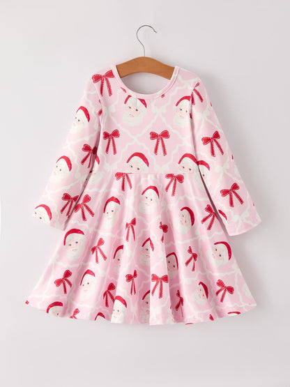 Winter Christmas Pink Santa and Bow Holiday Girls Dress