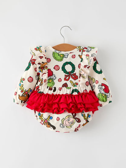 Christmas Character Print Baby Girls Romper with Red Bow Detail