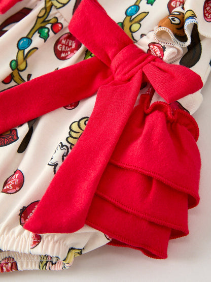 Christmas Character Print Baby Girls Romper with Red Bow Detail