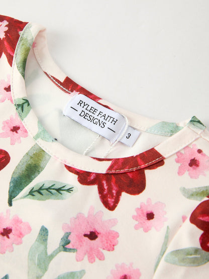 Christmas Girls' Long Sleeve Floral Dress – Red and Pink